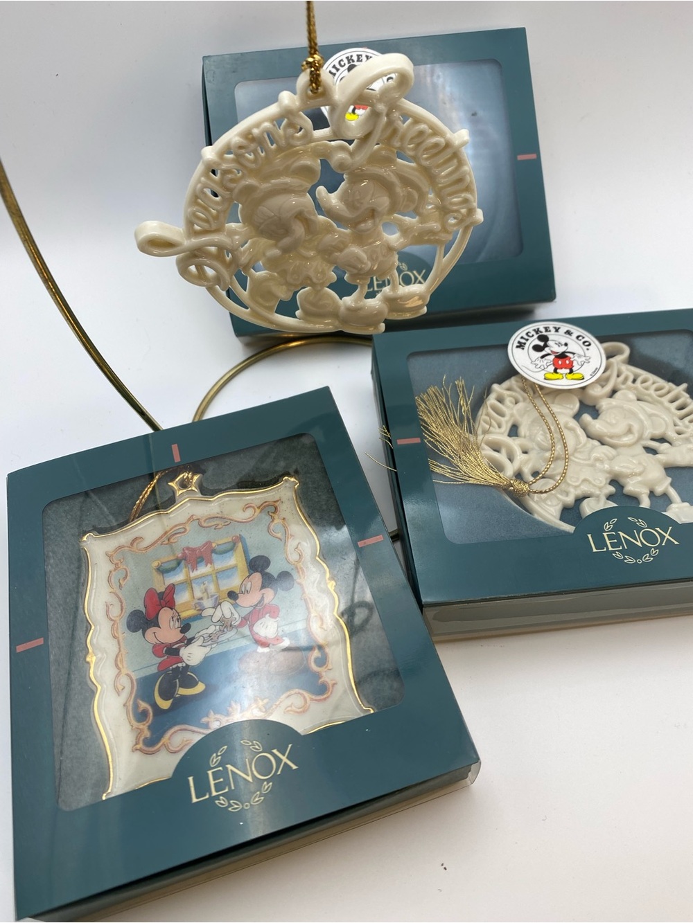 Lenox Cream and Gold Mickey & Minnie Holiday Christmas Ornament set of 3